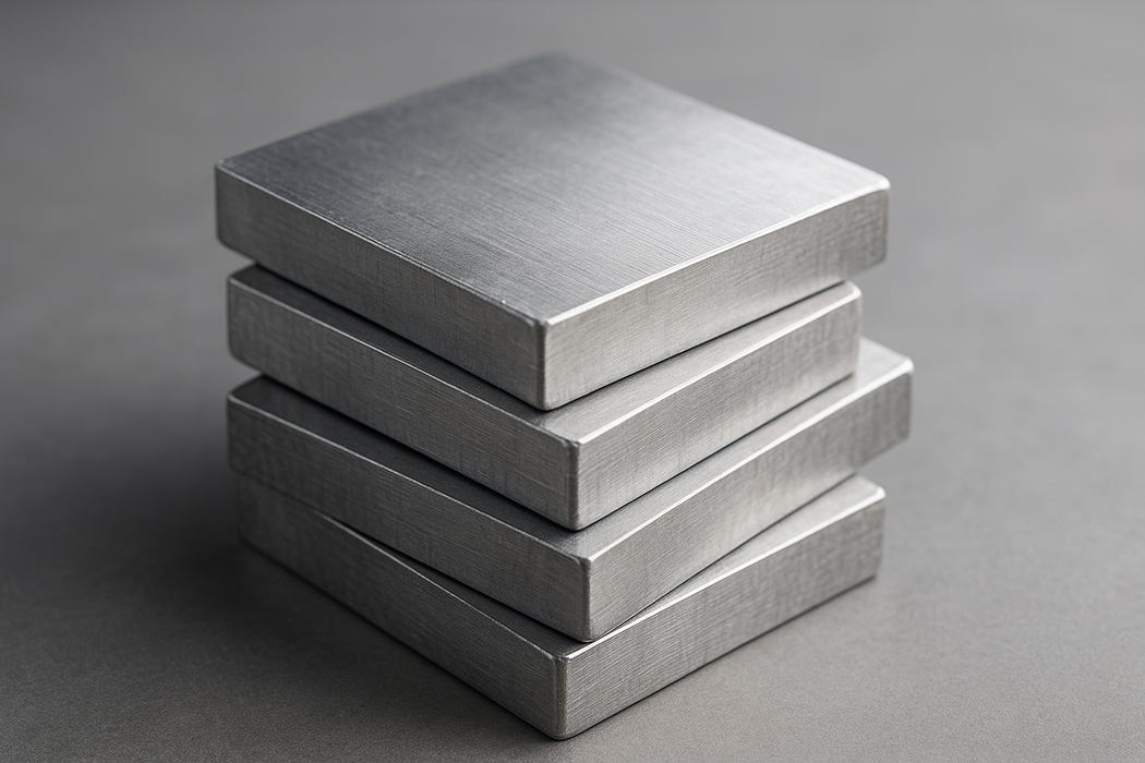 A stack of four brushed metal blocks arranged in a staggered alignment on a flat surface.