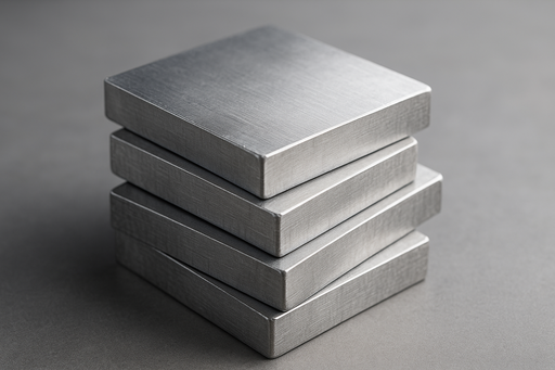 A stack of four brushed metal blocks arranged in a staggered alignment on a flat surface.